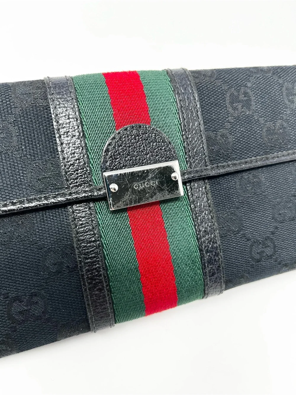 Authentic Gucci Black GG Logo Monogram Canvas Leather Long Bifold Card Wallet